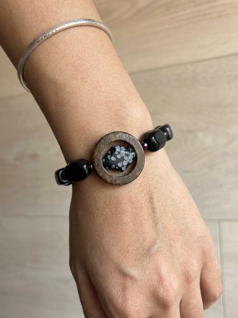 Handcrafted Obsidian, Garnet, Agate Stretch Bracelet Size 6”